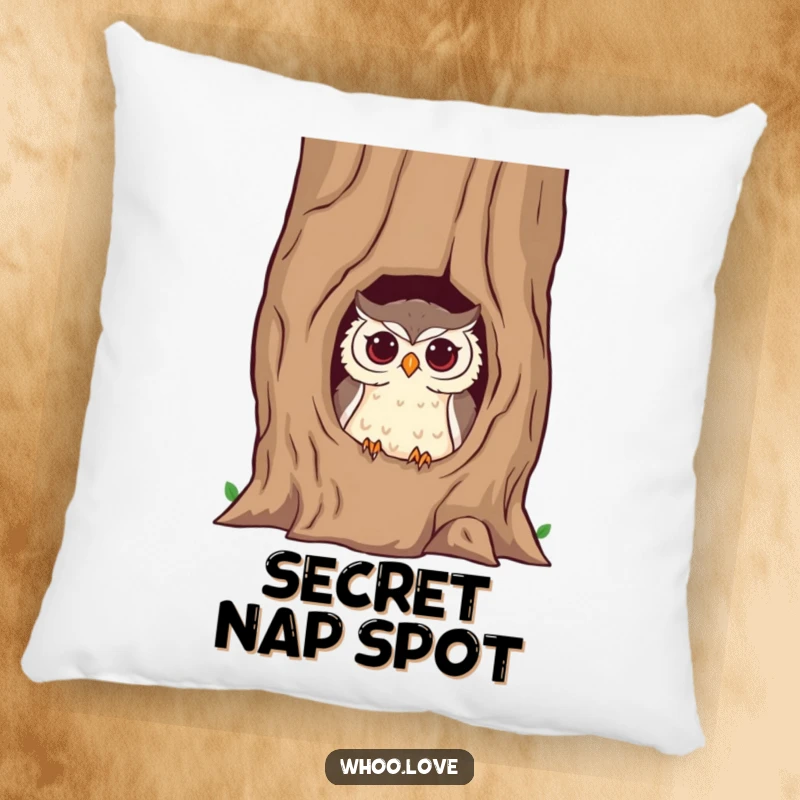 Funny owl pillow featuring a mischievous owl peeking from a hollow tree trunk, offering comfort with a side of playful secrets.