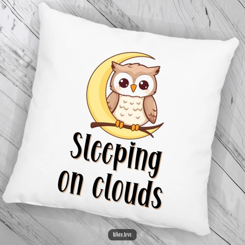 Funny moon owl pillow with a happy owl perched on a crescent moon, offering cozy comfort and a humorous, dreamy design.