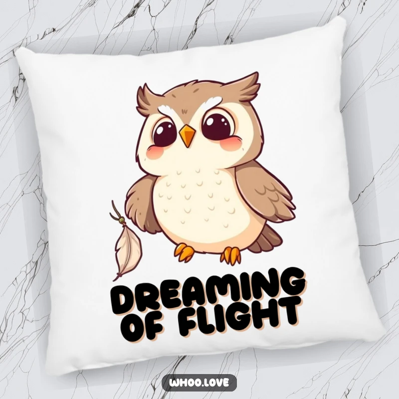 Funny Kawaii owl pillow, relaxed and cozy, with a playful owl catching a feather. Sweet and funny gift.