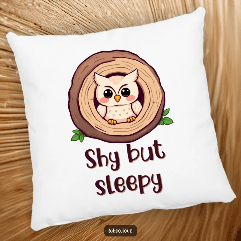 Funny Kawaii owl pillow, peeking from a log with a shy, content smile. Sweet and funny gift.