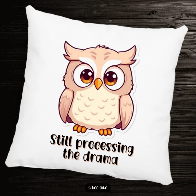 Funny wide-eyed owl pillow designed with an owl displaying comical, large, surprised eyes. A soft and humorous decorative item.