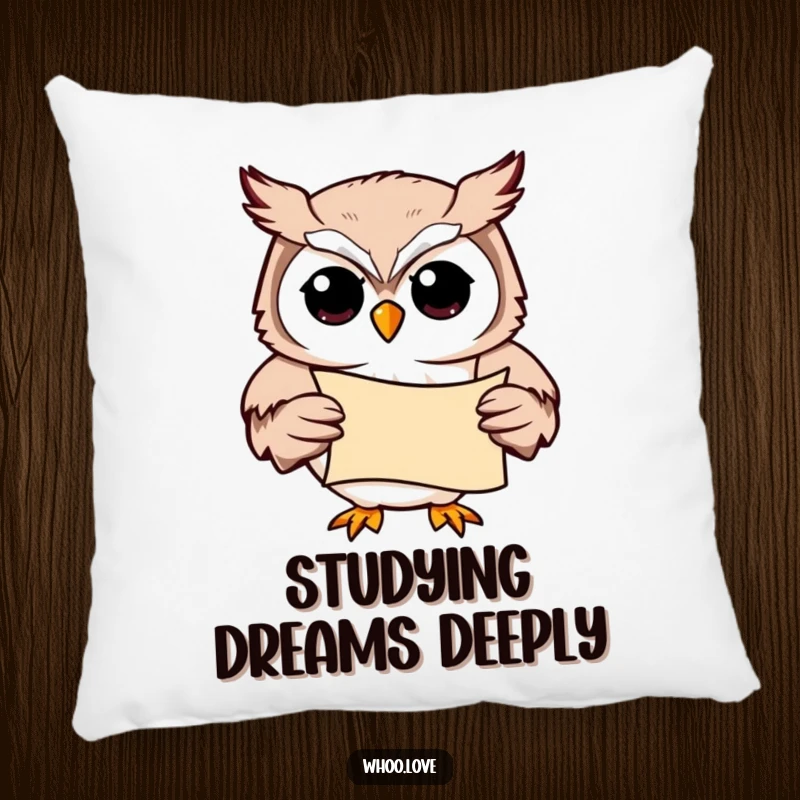 Funny Owl Study Buddy Pillow: A soft pillow featuring a studious owl character with a scroll, offering comfort and academic charm.