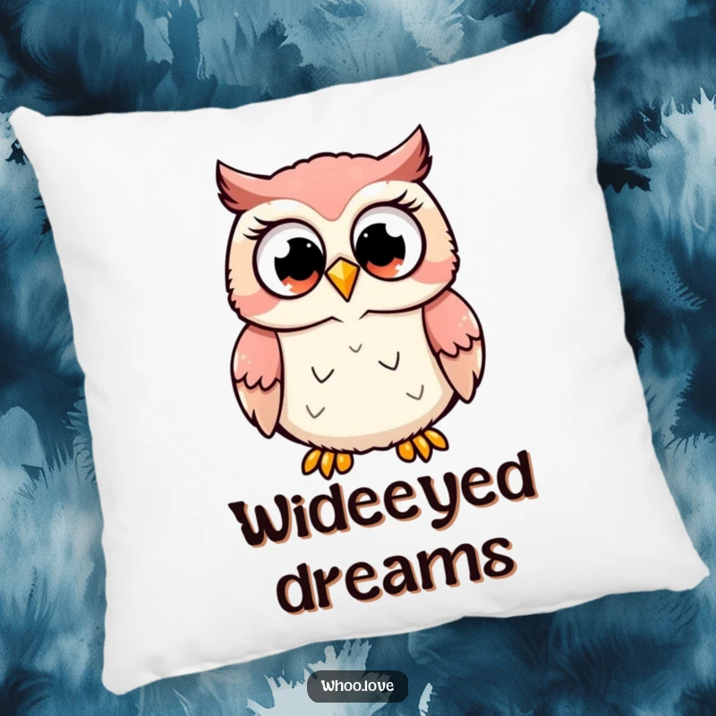 Funny decorative pillow featuring a cute owl character hooting with large, excited eyes, full of joy, a funny gift.