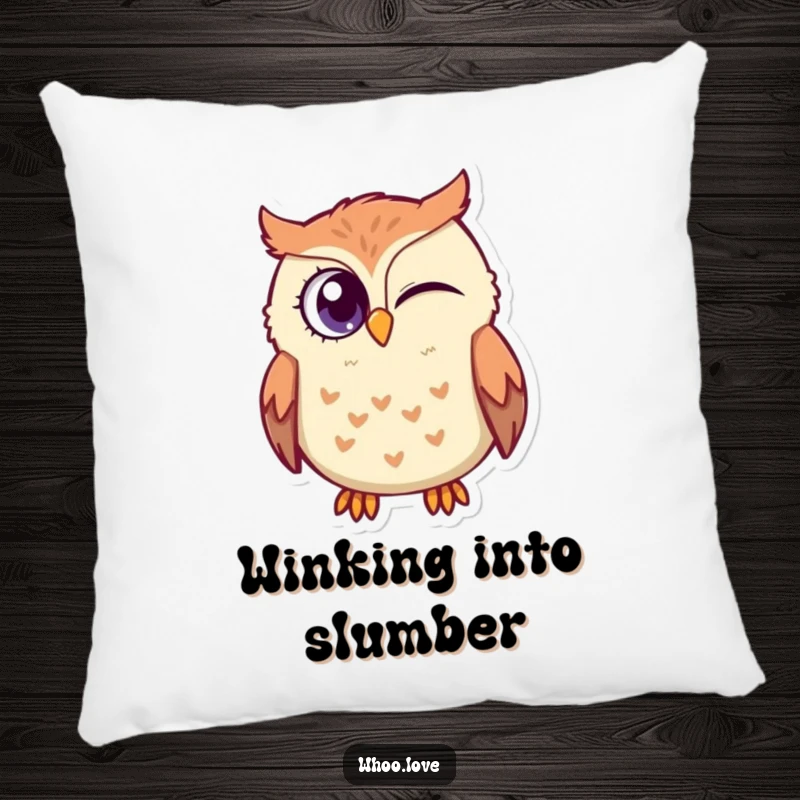 Funny Owl Wink Pillow: A soft pillow featuring a mischievous owl character winking with its large eye, offering comfort and playful charm.