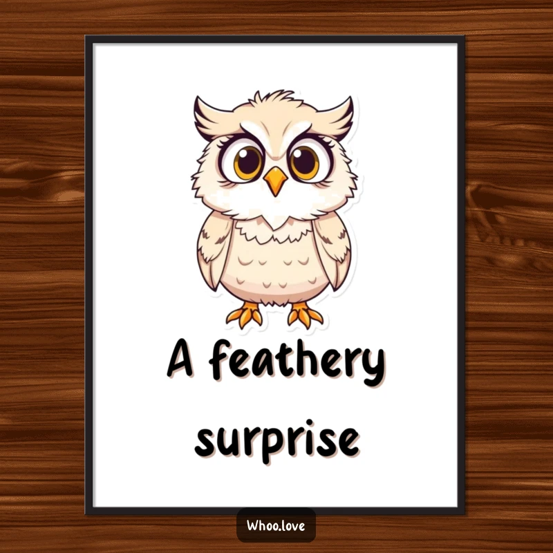 Funny digital art print, a surprised owl character with its feathers comically ruffled by the wind.