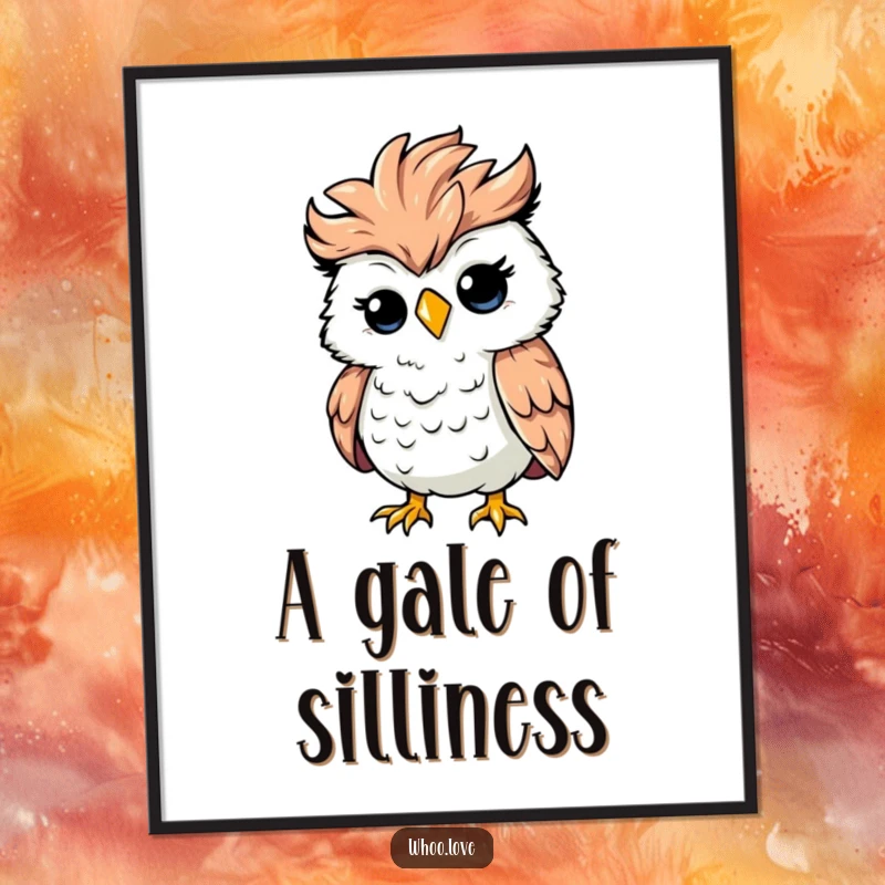 Funny silly owl with ruffled feathers caught in a strong wind gust, whimsical chaotic digital art print, downloadable funny gift.