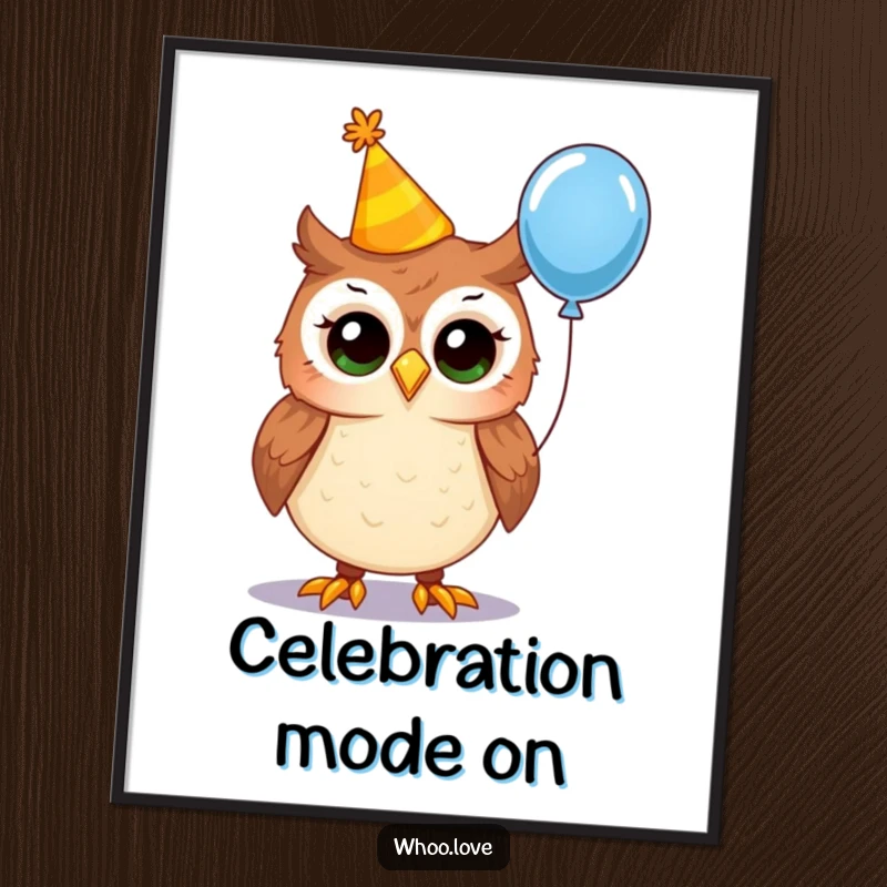 Funny party owl digital art print, featuring an owl in a crooked party hat holding a balloon, instantly downloadable festive wall art.