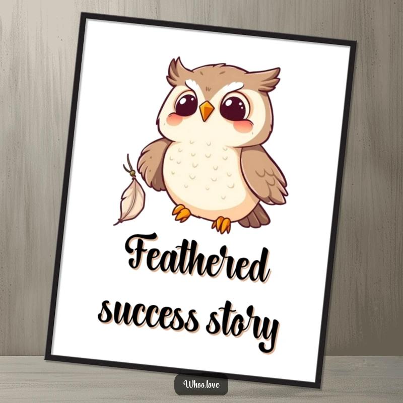 Funny Kawaii owl digital art print, showcasing an owl joyfully catching a feather. Instant humorous decor.