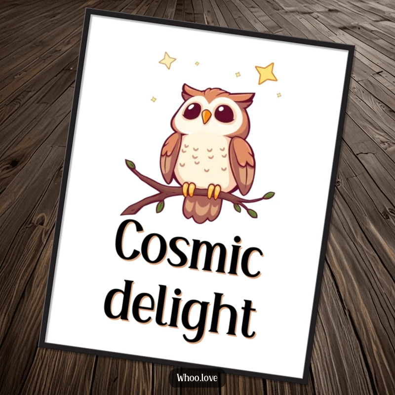 Funny digital art print of a cheerful owl perched on a branch, delightedly observing a vast, starry night sky.
