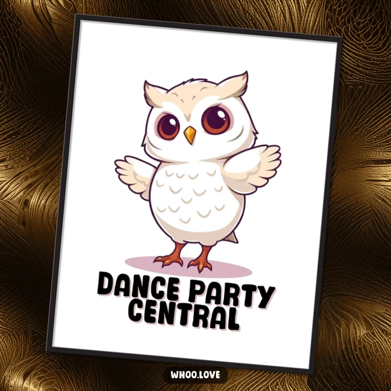Funny digital art print of an owl character caught in the middle of a hilariously silly and energetic dance step.