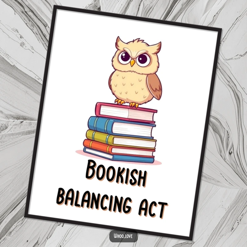 Funny digital art print of a fluffy owl precariously balancing on books with a determined grin, for decor.