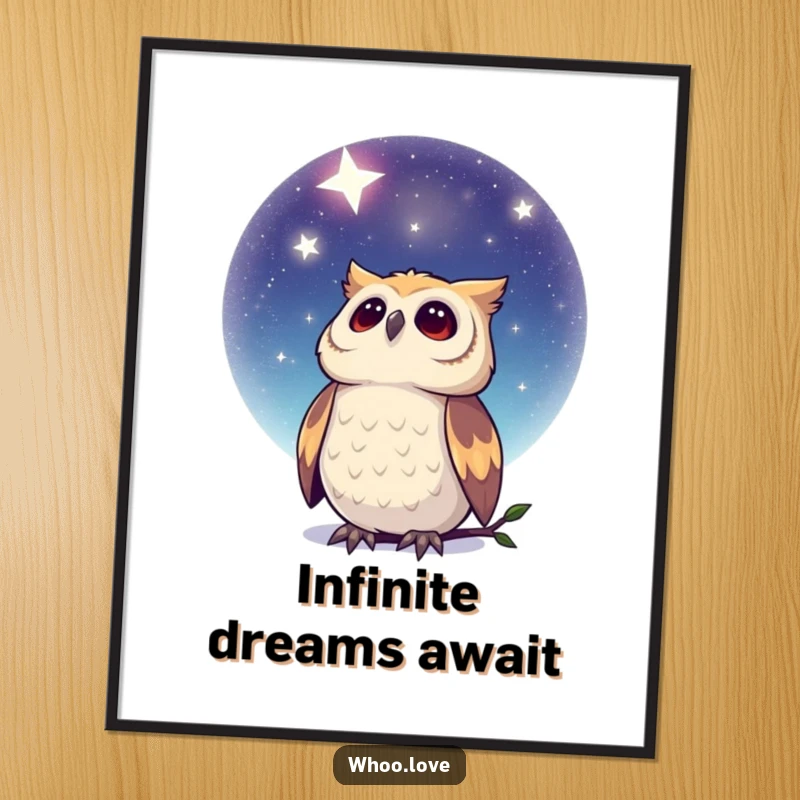 Funny Dreamy Owl Digital Art Print: A downloadable artwork of an owl looking up at a vast, star-filled night sky, evoking peace.