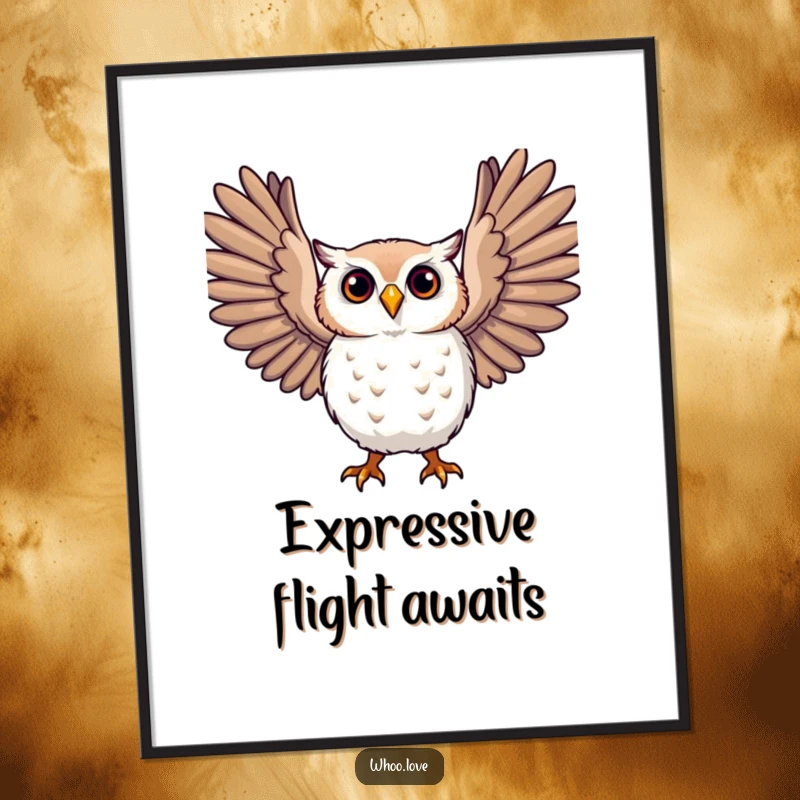 Funny owl digital art print, a character with large, expressive wings outstretched, conveying freedom and joy.