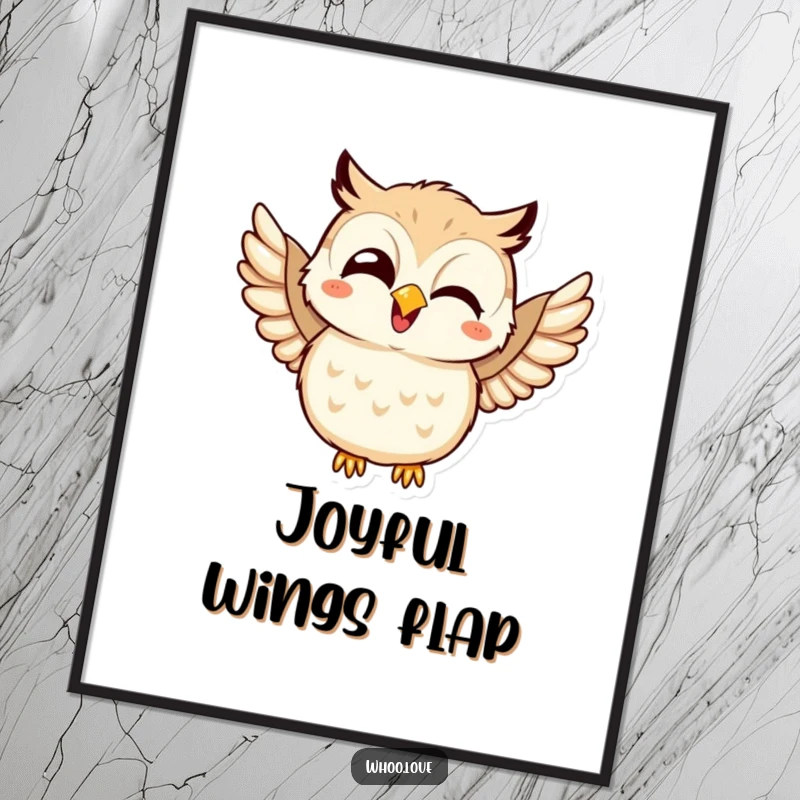 Funny digital art print of a kawaii owl giggling and joyfully flapping its wings, radiating infectious happiness and delight.
