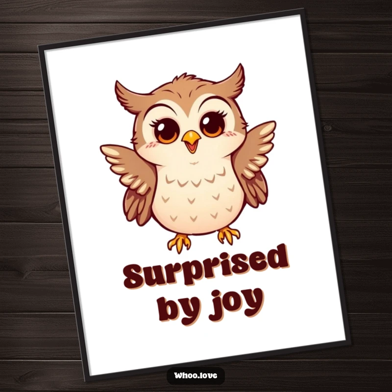 Funny digital art print of a little owl enthusiastically flapping tiny wings, looking surprised and happy, for decor.