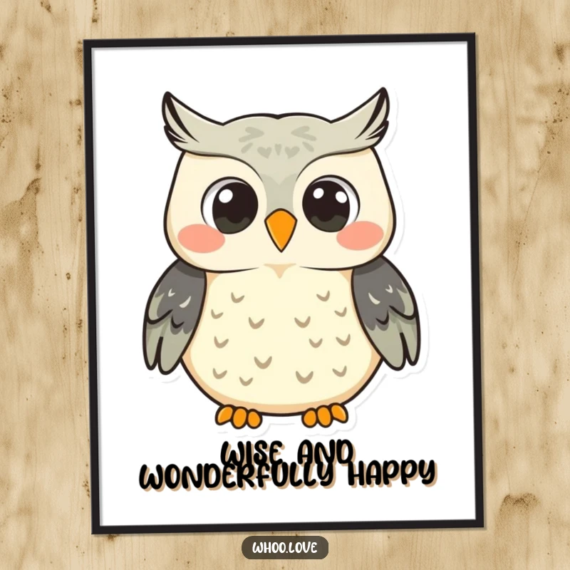 Funny smiling owl character digital art print, captured mid-hoot with a wide, radiant smile, exuding pure joy and cheerfulness.