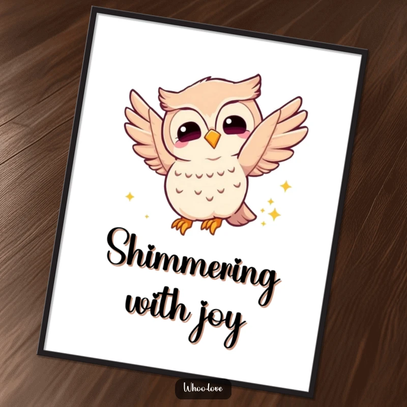 Funny joyful owl digital art print, featuring an owl fluttering its wings with a sparkly trail, instantly downloadable magical wall art.