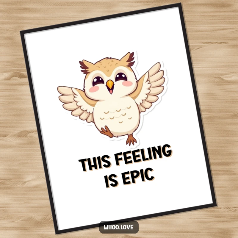 Funny joyful owl digital art print of an owl flapping its wings with pure delight, offering instant cheerful decor and a humorous touch.
