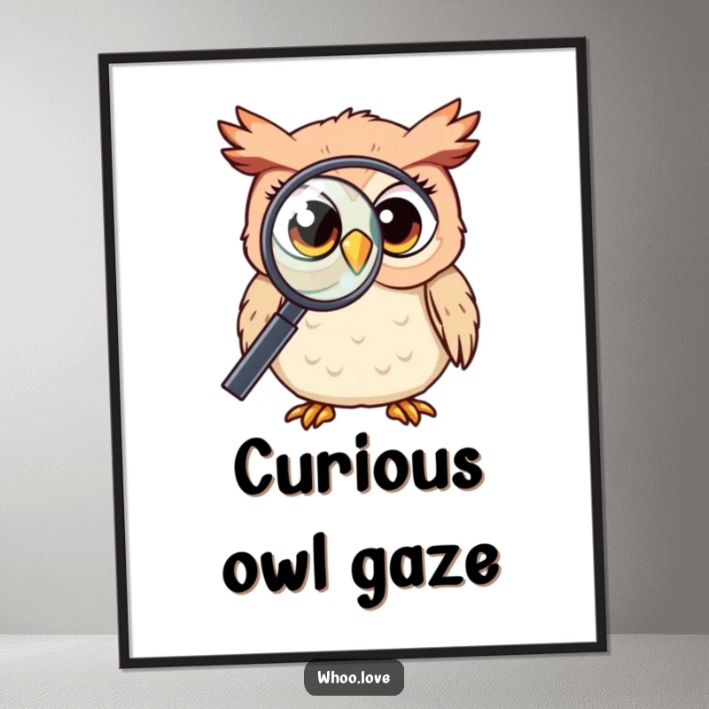 Funny Kawaii owl with wide, curious eyes, peering through a magnifying glass, high-resolution art, inquisitive and charming motif, ideal funny gift.