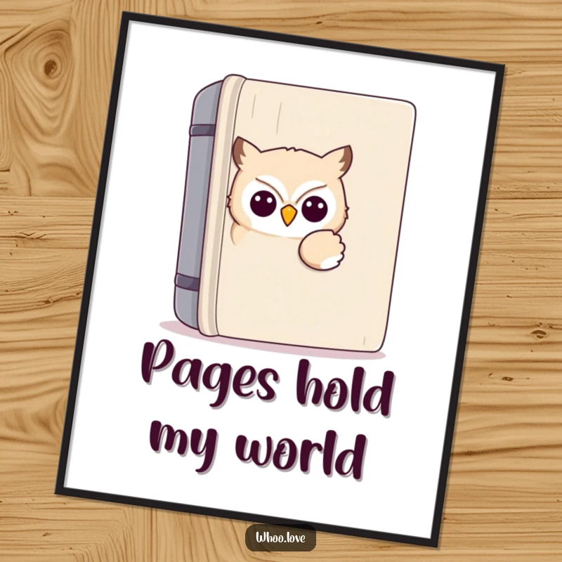 Funny kawaii owl digital art print of an owl peeking from a large book, offering whimsical and literary humor for instant home or office decor.
