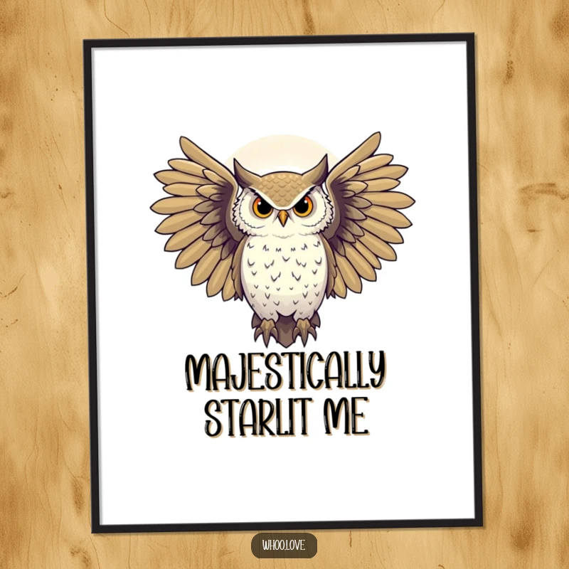 Funny majestic owl with wings spread against a starry night sky, mystical digital art print, downloadable funny gift.