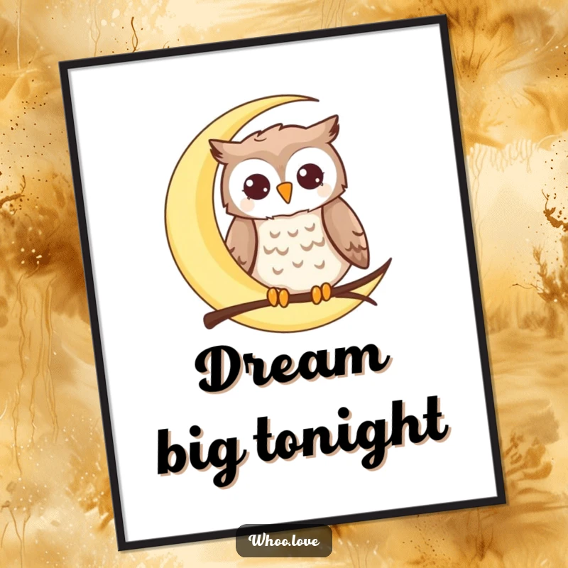 Funny moon owl digital art print of a happy owl perched on a crescent moon, offering instant celestial decor and a touch of humor.