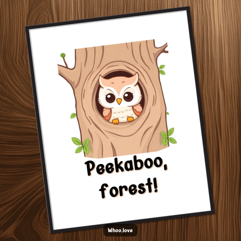 Funny digital art print of an owl peeking from a tree hole, perfect for adding whimsical decor.