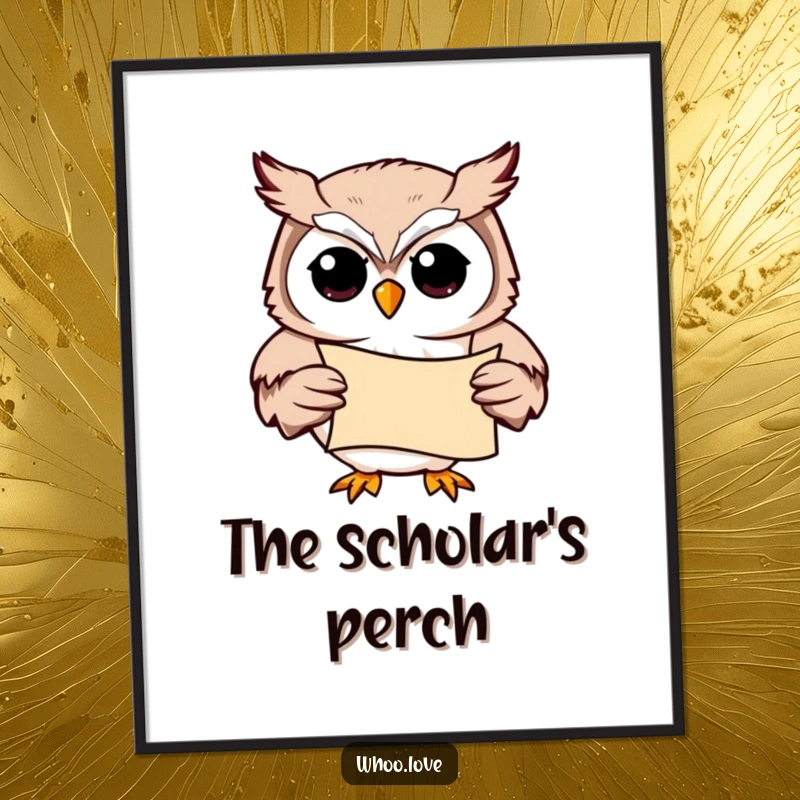 Funny Owl Digital Art Print: A high-resolution image of a studious owl character holding a scroll, perfect for digital display.