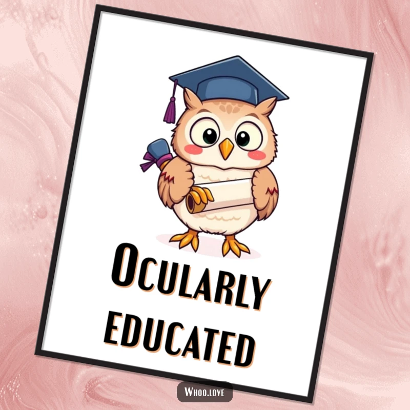 Funny, jubilant owl character clutching a graduation scroll, presented as downloadable digital art for instant framing.