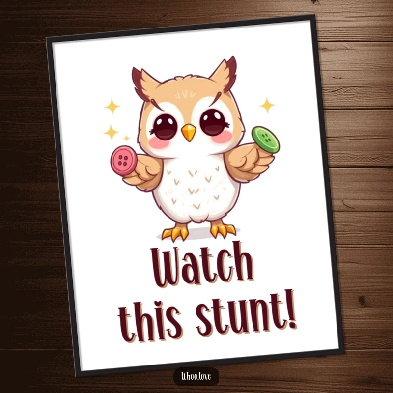 Funny playful owl digital art print, owl skillfully juggling three shiny buttons, perfect for whimsical digital spaces.