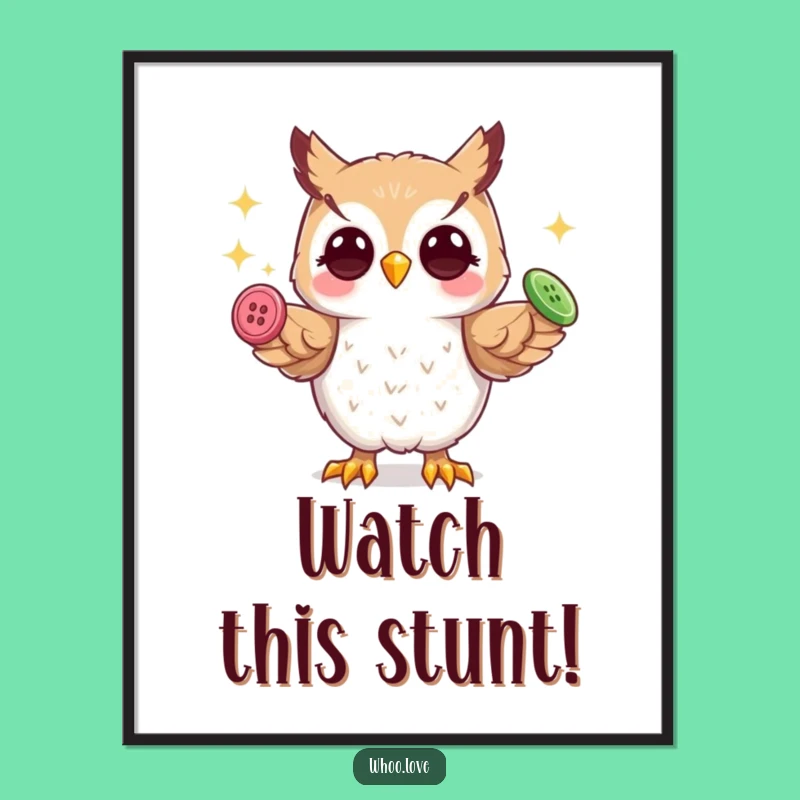 Funny Playful Owl Digital Art: Juggling Buttons, Instant Whimsical Download