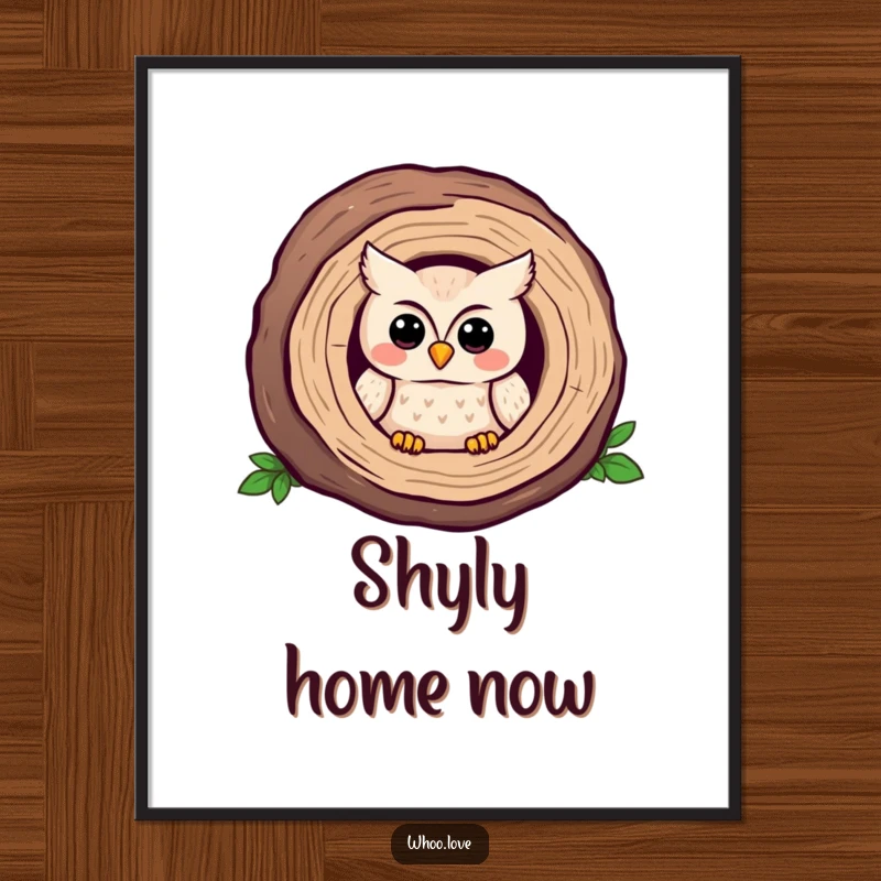 Funny Kawaii owl digital art print, showing a shy owl peeking from a log with a sweet smile. Instant decor.