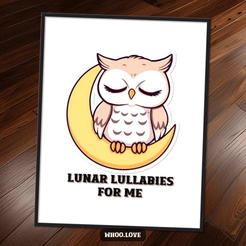 Funny sleepy owl with droopy eyes on a crescent moon, cute nocturnal digital art print, downloadable funny gift for night owls.