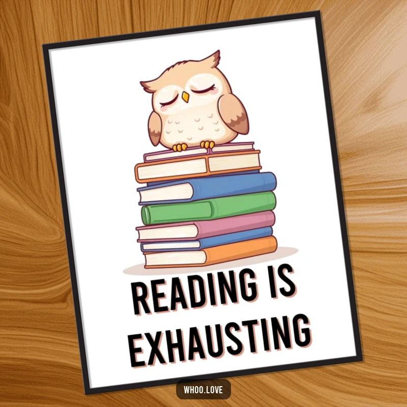 Funny sleepy owl digital art print, featuring an owl dozing on books, instantly downloadable cozy wall art for literary enthusiasts.