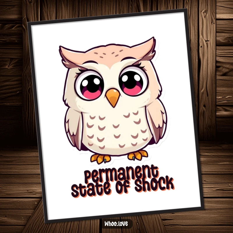 Funny surprised owl character digital art print, its wide, astonished eyes conveying immediate shock and humorous disbelief.