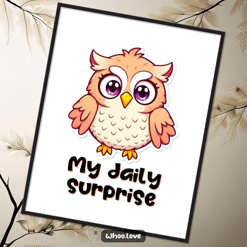 Funny surprised owl digital art print of an owl with wide eyes and puffed feathers, offering instant humorous decor and a shock value.