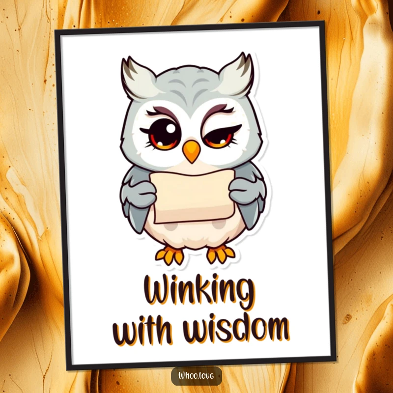 Funny owl with a wink holding a tiny scroll, mischievous digital art print, downloadable funny gift.