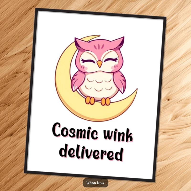 Funny owl digital art print, a winking character on a crescent moon, charming and humorous for instant home decor.