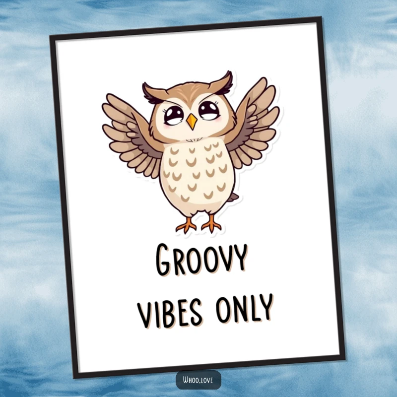 Funny digital art print of a striped owl in a vibrant, comical dance, ready to be printed and displayed.