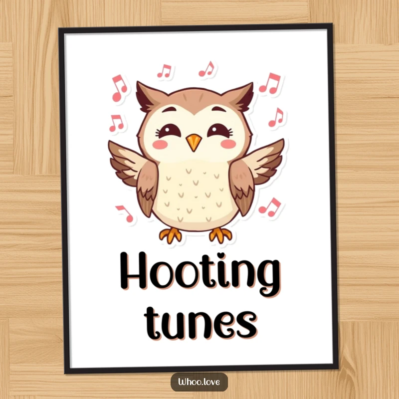 Funny digital art print of a cheerful owl character hooting joyfully, surrounded by musical notes, for instant decor.