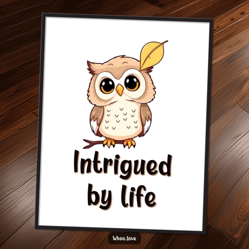 Funny digital art print of a curious owl tilting its head at a falling leaf, evoking contemplation and charm, a great funny gift.