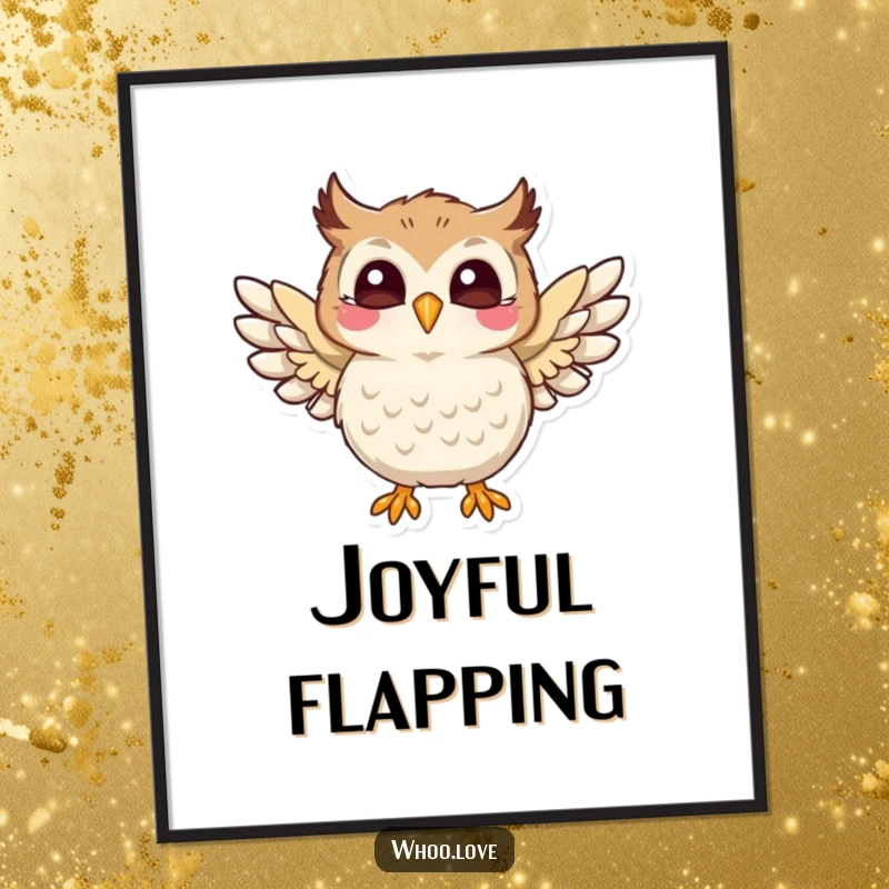 Funny digital art print of a playful owl character flapping its wings with pure joy, a vibrant celebration, a great funny gift.