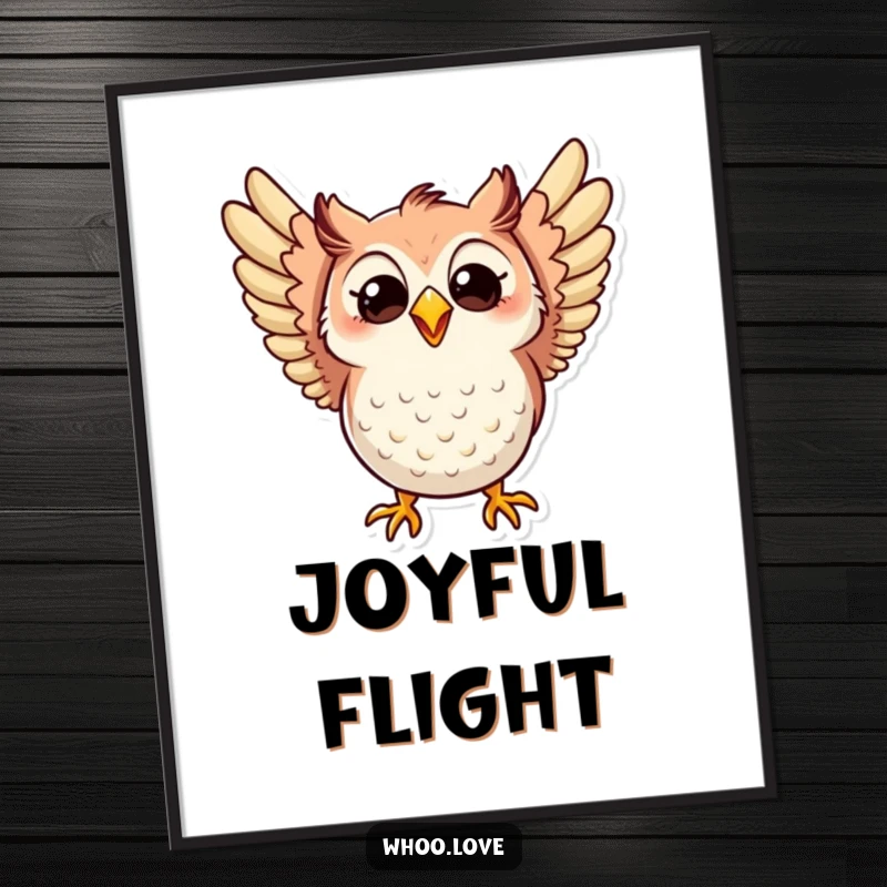 Funny digital art print of an owl flapping its wings with pure excitement and a wide, beaming, happy grin.