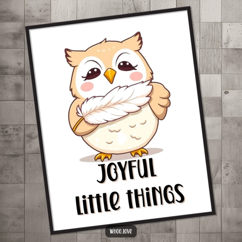 Funny giggling owl digital art print, showing a delighted owl blowing a feather, instantly downloadable humorous artwork for a joyful home.