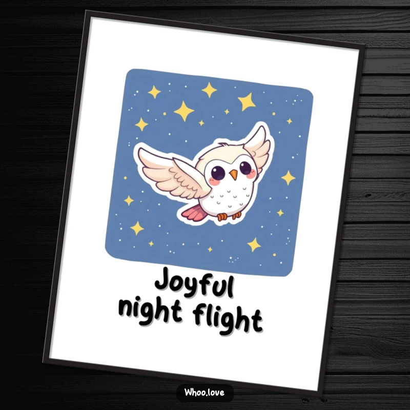 Funny Owl Digital Art: A joyful owl character swooping through a starry night, offering a downloadable piece of instant magic and humor.