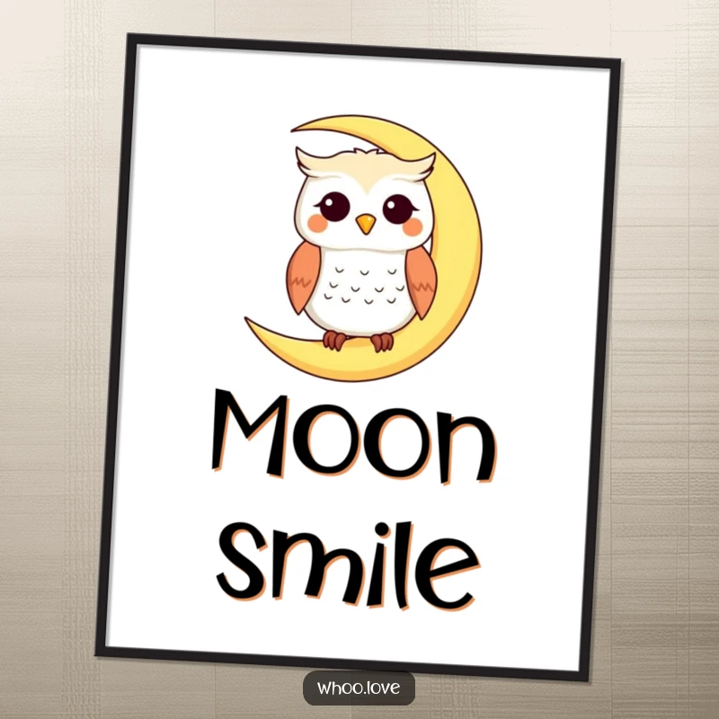 Funny digital art print of a smiling owl perched on a crescent moon, creating a magical and humorous atmosphere, a great funny gift.