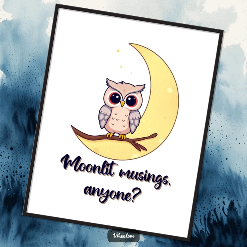 Funny owl on moon digital art print, an instant download of an owl on a crescent moon. Ideal for whimsical and humorous wall decor.