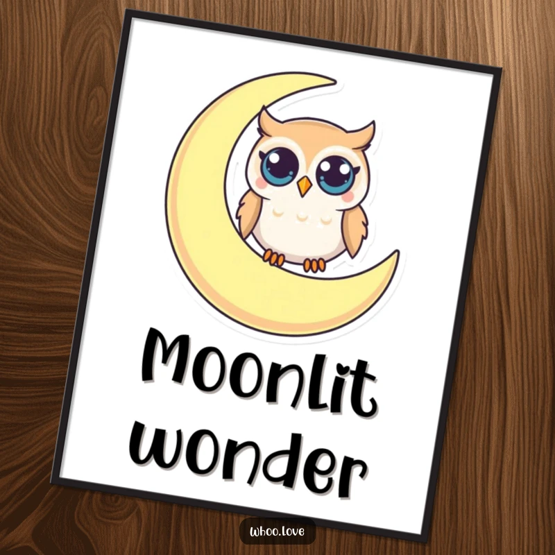 Funny digital art print of a small owl with big, curious eyes perched on a crescent moon, radiating charming, humorous magic.