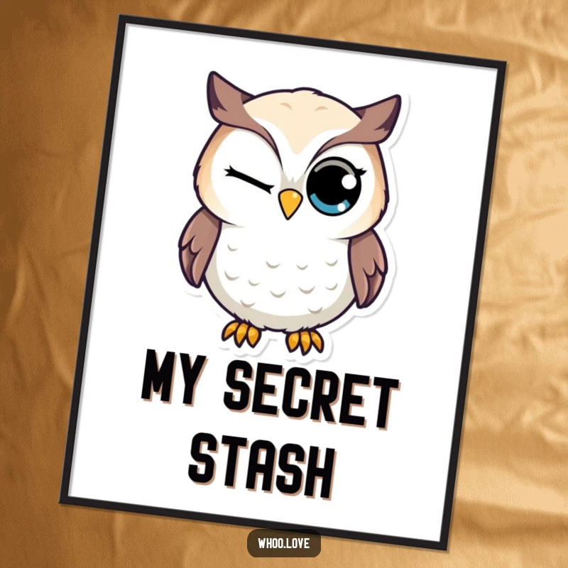 Funny digital art print of an owl character delivering a sly, playful wink with its large, expressive eye.