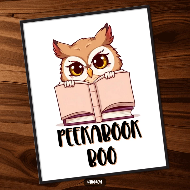 Funny digital art print, a mischievous owl character with sly eyes peeking from behind a very large book.